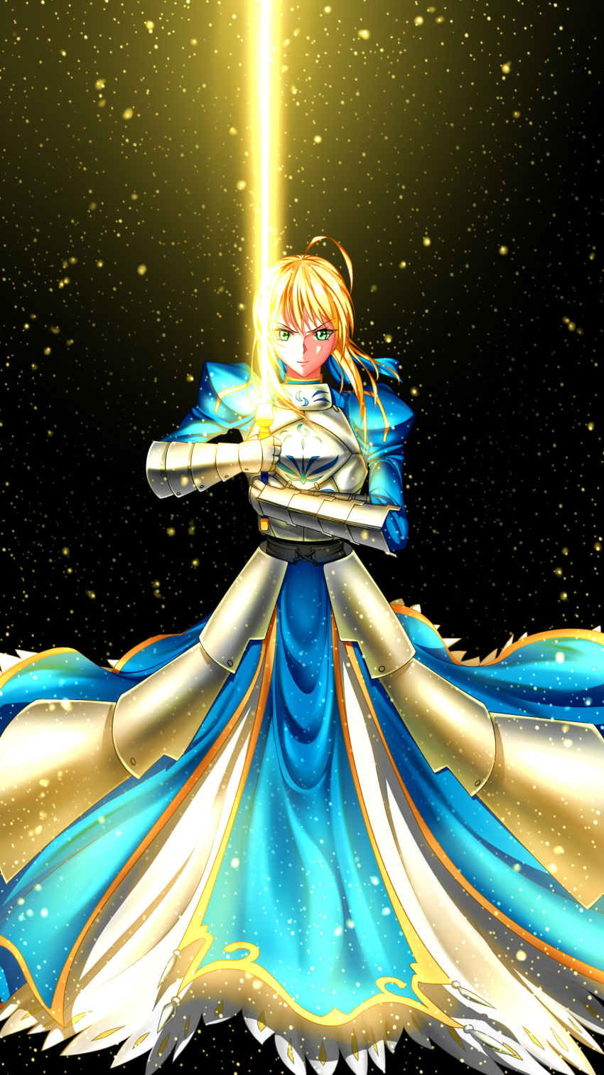 1girl absurdres armor artoria_pendragon_(fate) blonde_hair dress fate/grand_order fate/stay_night fate_(series) full_body green_eyes highres holding holding_sword holding_weapon looking_at_viewer ruo_zhishi_chu_jian saber_(fate) sword weapon