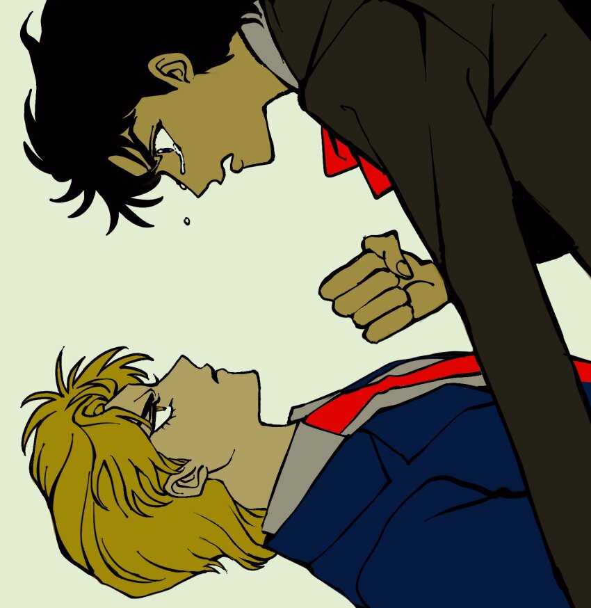2boys blazer blonde_hair clamchowder55 crying crying_with_eyes_open dio_brando eyelashes faux_retro_artstyle highres jacket jojo_no_kimyou_na_bouken jonathan_joestar lips male_focus multiple_boys phantom_blood shirt tears