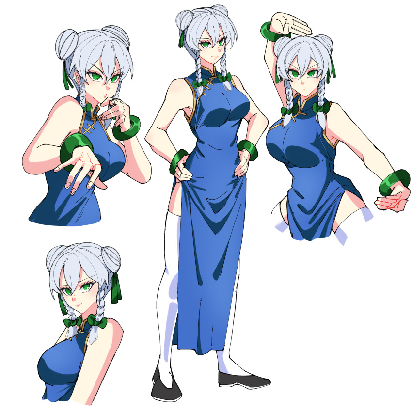 1girl absurdres blue_dress bracelet braided_pigtails china_dress chinese_clothes dress fighting fighting_stance green_eyes hair_bun highres izayoi_sakuya jewelry kokoro_no_koibito kung_fu martial_arts ribbon self-upload sleeveless sleeveless_dress thighhighs touhou white_thighhighs