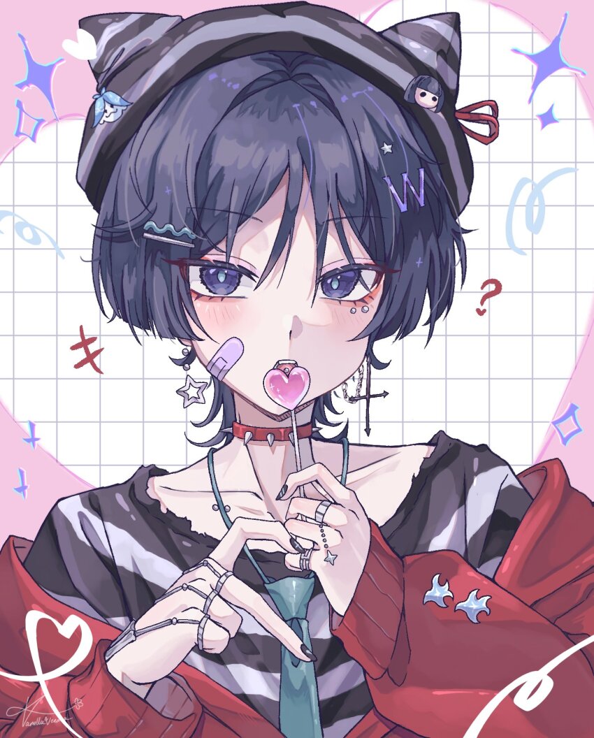 +++ 1boy ? alternate_costume alternate_headwear animal_print bandaid bandaid_on_face beanie bird_print blunt_ends bright_pupils candy checkered_background choker collarbone eyeliner eyeshadow food genshin_impact hat heart heart-shaped_food heart-shaped_lollipop highres holding holding_candy holding_food holding_lollipop jacket jewelry lollipop makeup male_focus multiple_rings open_clothes open_jacket portrait purple_eyes purple_hair red_choker red_eyeliner red_eyeshadow red_jacket ring scaramouche_(genshin_impact) shaped_lollipop solo spiked_choker spikes straight-on striped_clothes striped_hat vanillashiii white_pupils