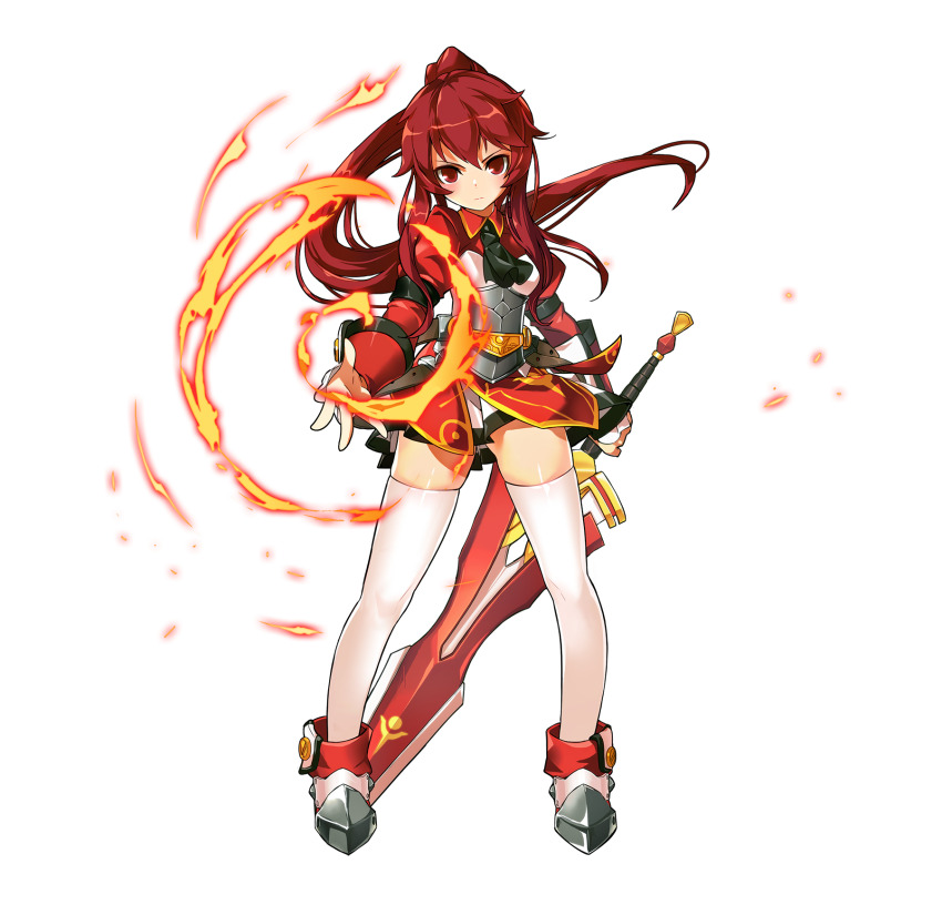 1girl arm_belt armored_boots ascot belt black_ascot black_belt boots closed_mouth collared_shirt corset dot_nose dress dress_under_skirt elesis_(elsword) elsword fire floating_clothes floating_hair frown full_body game_cg highres holding holding_sword holding_weapon juliet_sleeves knees light_blush long_hair long_sleeves looking_at_viewer median_furrow miniskirt official_art outstretched_hand pinafore_dress pleated_dress pleated_skirt ponytail puffy_sleeves pyrokinesis red_eyes red_hair red_shirt red_skirt ress second-party_source shirt short_dress skindentation skirt sleeve_cuffs sleeveless sleeveless_dress solo standing sword tachi-e thighhighs transparent_background tsurime very_long_hair weapon white_boots white_dress white_thighhighs