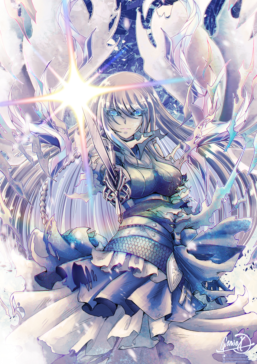 1girl absurdres belt black_sclera braid colored_sclera dissolving_clothes final_fantasy final_fantasy_xvi gensox grey_hair highres holding holding_sword holding_weapon jill_warrick leather leather_vest lens_flare long_hair pointing_melee_weapon pointing_sword shiva_(final_fantasy) single_braid solo sword vest weapon