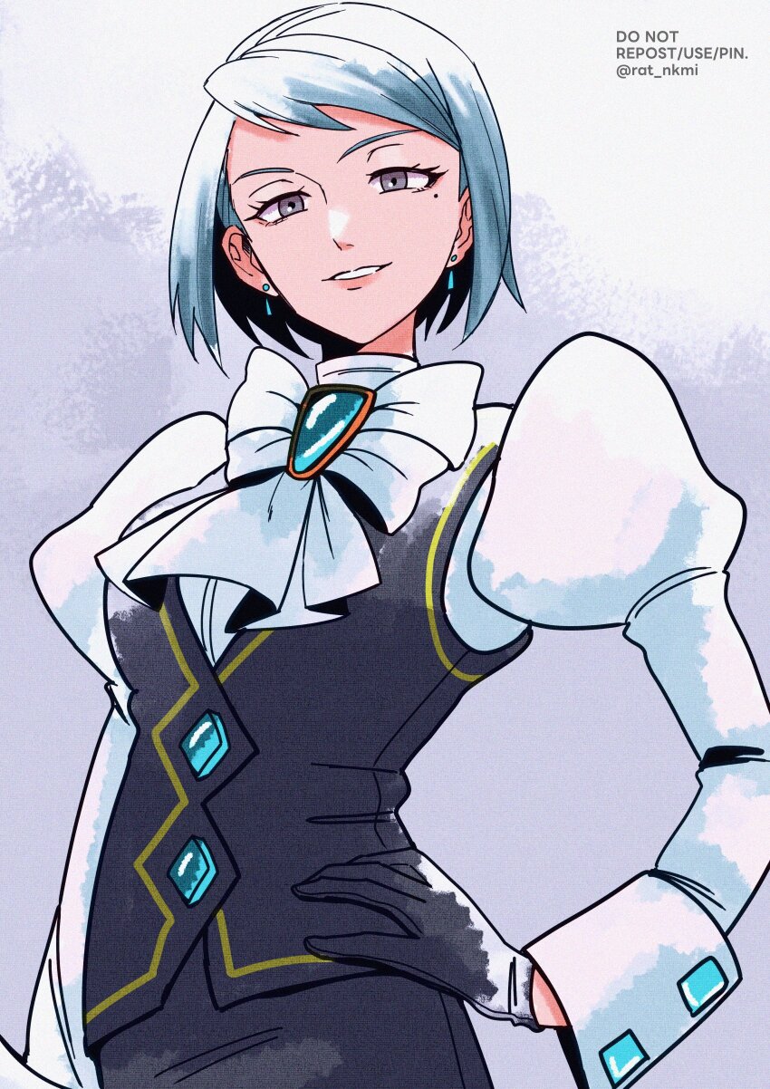 1girl absurdres ace_attorney artist_name black_gloves black_skirt black_vest blue_hair bow bowtie brooch earrings franziska_von_karma gloves grey_background grey_eyes hand_on_own_hip highres jewelry juliet_sleeves long_sleeves looking_at_viewer mole mole_under_eye parted_lips phoenix_wright:_ace_attorney_-_justice_for_all puffy_sleeves rat_nkmi shirt short_hair skirt solo standing vest white_bow white_bowtie white_shirt