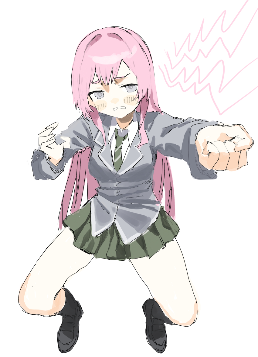 1984_(cw1000110) 1girl absurdres bang_dream! bang_dream!_it&#039;s_mygo!!!!! black_shoes black_socks blush chihaya_anon chinese_commentary commentary_request diagonal-striped_clothes diagonal-striped_necktie green_necktie green_skirt grey_eyes grey_jacket haneoka_school_uniform highres jacket loafers long_hair looking_at_viewer necktie pink_hair pleated_skirt school_uniform shoes simple_background skirt socks solo striped_clothes white_background