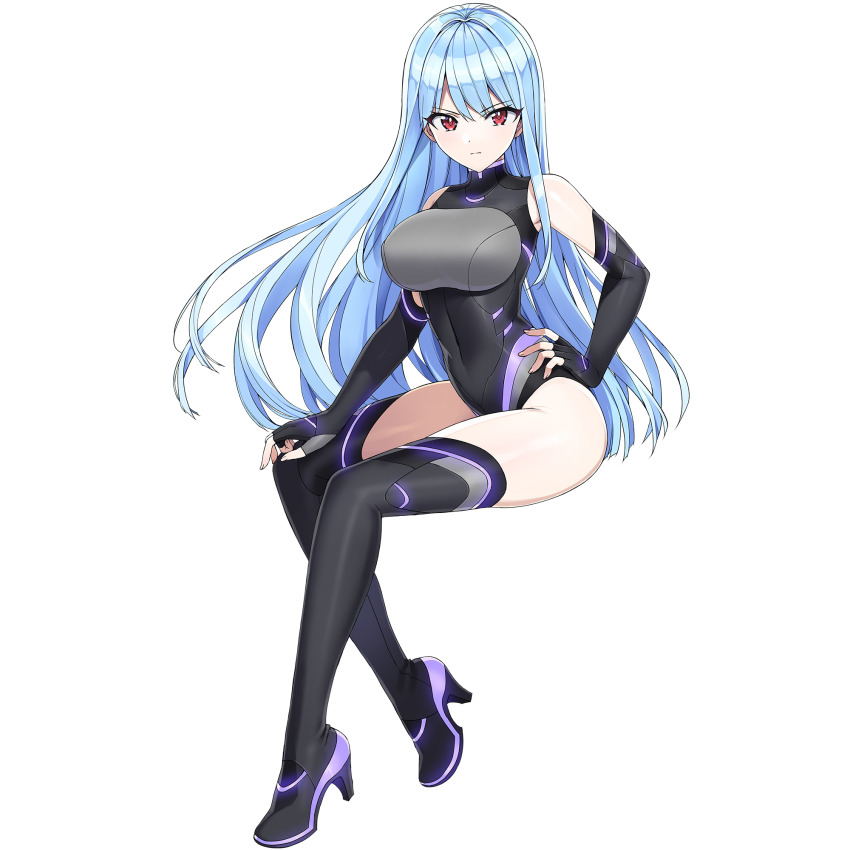 1girl belt black_hair black_shoes black_wetsuit blue_hair boots breasts closed_mouth covered_navel dolphin_wave elbow_gloves fingerless_gloves framed_breasts game_cg gloves hand_on_own_hip hand_on_own_thigh high_heel_boots high_heels highres kazami_uniform large_breasts light_frown long_hair looking_at_viewer nayuki_hiori non-web_source official_alternate_costume official_art ootomo_takuji red_eyes shoes sitting solo thigh_belt thigh_strap transparent_background
