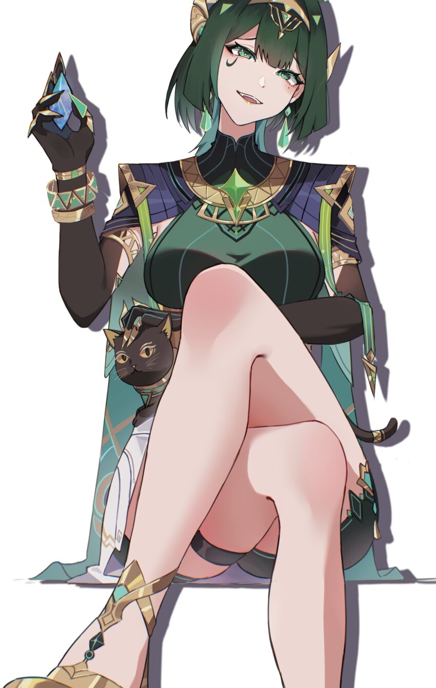 1girl absurdres ancient_egyptian_clothes animal animal_on_lap ashru_(genshin_impact) black_cat breasts cat cat_on_lap claws commentary crossed_legs drop_shadow elbow_gloves eye_tattoo fake_claws feet_out_of_frame gem genshin_impact gloves green_eyes green_gemstone green_hair hair_ornament headpiece highres jewelry large_breasts legs looking_at_viewer mark_under_eye medium_hair mole mole_under_eye nefer_(genshin_impact) on_lap open_mouth petting reflection signwolf simple_background sitting solo symbol-shaped_pupils tattoo teeth thighs triangle-shaped_pupils upper_teeth_only usekh_collar whiskers white_background