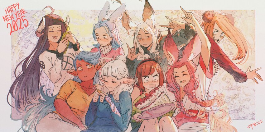 2025 6+girls \m/ absurdres animal_ear_fluff animal_ears arm_around_shoulder arm_up artist_name asimov_(spindle_(aidenr0)) belt black_eyes black_hair black_sweater black_trim blue_eyes blue_hair blue_sweater blunt_bangs border bottle braid brown_eyes brown_hair cake cat_ears cat_girl closed_mouth coin commentary constricted_pupils dated dress drink dropped_food dropping elf english_commentary english_text everyone eyelashes felt_(spindle_(aidenr0)) food green_eyes green_sweater grey-framed_eyewear group_picture hair_bun hair_over_shoulder half-closed_eyes hands_up happy_new_year highres holding holding_bottle holding_coin holding_drink holding_money holding_tray horns izaria_(spindle_(aidenr0)) kitt_(spindle_(aidenr0)) long_hair long_sleeves looking_at_object looking_at_viewer looking_to_the_side lyn_(spindle_(aidenr0)) medium_hair money motion_blur motion_lines multiple_girls nanami_(spindle_(aidenr0)) new_year open_mouth original ottilie_(spindle_(aidenr0)) outside_border panicking pants parted_bangs parted_lips pink_hair pink_sweater pointy_ears pom_pom_(clothes) rabbit_ears rabbit_girl rectangular_mouth red_belt red_hair red_sash red_sweater red_trim sash shirt short_sleeves signature single_hair_bun smile spindle_(aidenr0) sweater swept_bangs therese_(spindle_(aidenr0)) tray twin_braids v-shaped_eyebrows very_long_hair white_border white_dress white_hair white_pants white_shirt white_sweater wine_bottle yellow_eyes yellow_shirt