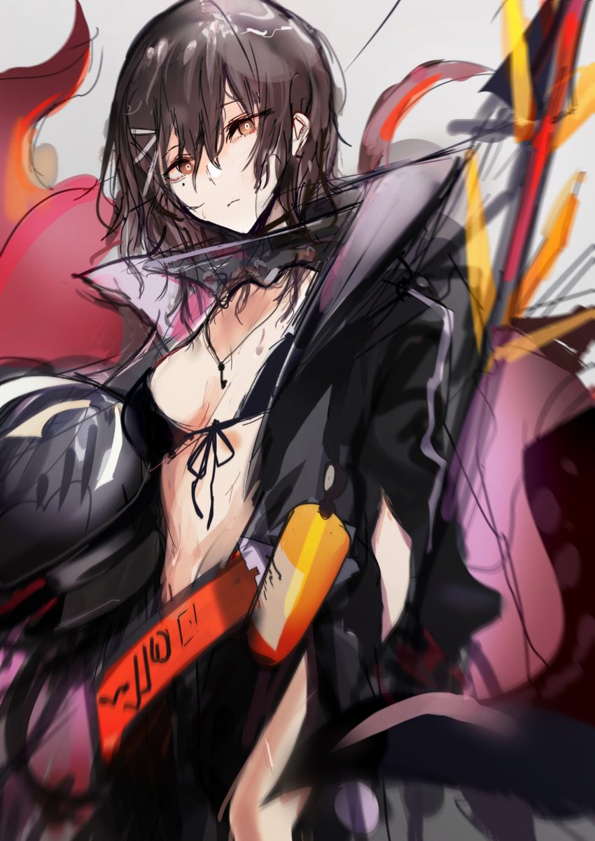 1girl bikini bikini_top_only black_bikini breasts brown_hair chuhaibane collar diving_helmet diving_suit dry_suit expressionless girls&#039;_frontline girls&#039;_frontline_neural_cloud hair_between_eyes hair_ornament hairclip hatsuchiri_(neural_cloud) helmet highres holding holding_helmet jewelry key key_necklace long_hair looking_at_viewer medium_breasts metal_collar mole mole_under_eye necklace open_wetsuit oxygen_tank red_eyes solo swimsuit tentacles upper_body