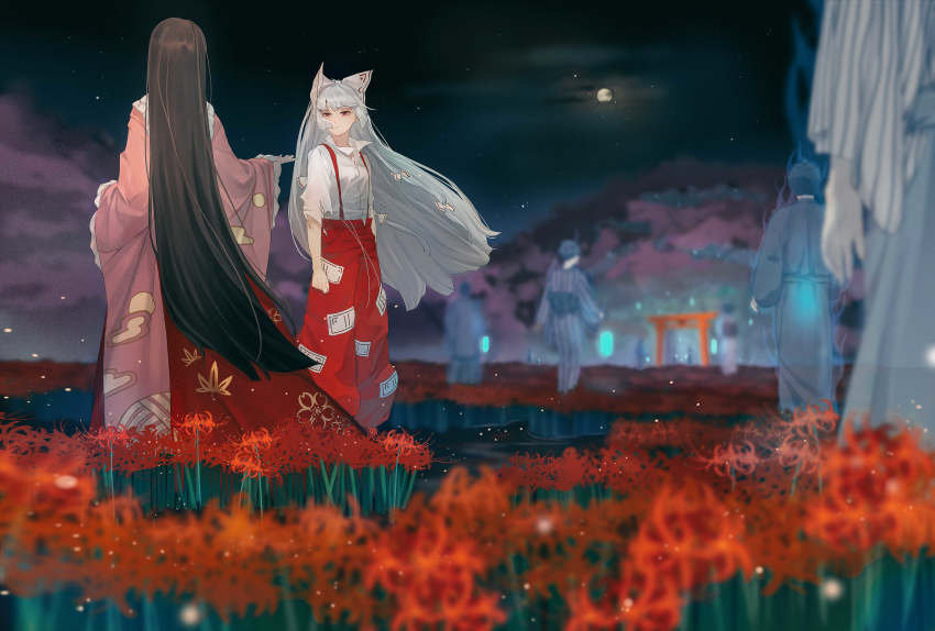 2girls absurdres baggy_pants black_hair bow breasts buttons clenched_hand closed_mouth cloud cloudy_sky collared_shirt commentary crying crying_with_eyes_open egasumi field floral_print flower flower_field from_behind fujiwara_no_mokou full_body full_moon ghost hair_bow half-closed_eyes hand_up highres hime_cut houraisan_chouko houraisan_kaguya japanese_clothes leaf_print light_particles long_hair long_sleeves looking_at_another maple_leaf_print moon multiple_girls night outstretched_hand pants pink_shirt red_eyes red_pants red_skirt shirt sidelocks skirt sky small_breasts spider_lily sun_print suspenders tears torii torn_clothes torn_sleeves touhou transparent very_long_hair white_bow white_hair white_shirt wide_shot wide_sleeves wing_collar