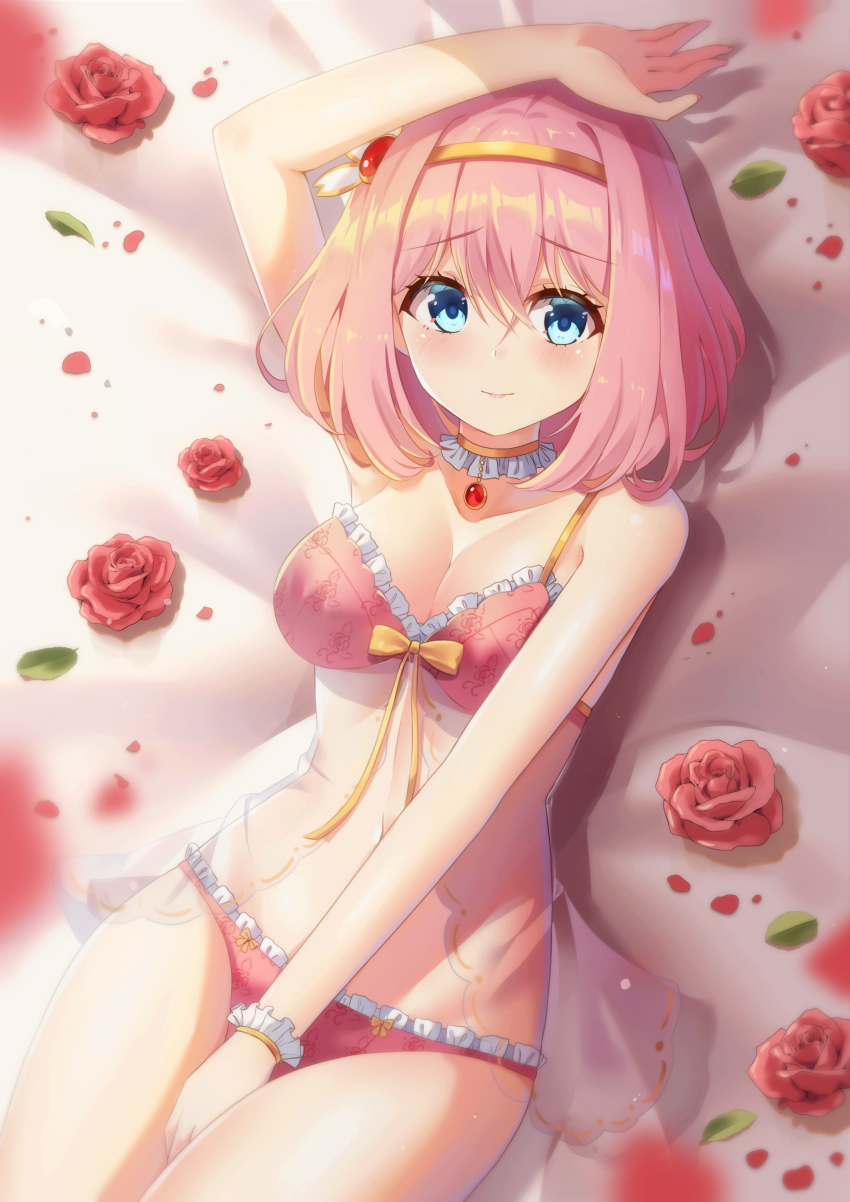 1girl absurdres arm_up bare_arms bare_shoulders bed_sheet blue_eyes blurry blurry_foreground blush bow bow_bra bow_panties bra breasts cleavage closed_mouth collarbone commentary depth_of_field flower frilled_bra frilled_panties frills hair_between_eyes hairband highres holmemee lying medium_breasts nail_polish on_back panties petals pink_bra pink_hair pink_nails pink_panties princess_connect! red_flower red_rose rose rose_petals single_wrist_cuff smile solo underwear wrist_cuffs yellow_hairband yui_(princess_connect!)
