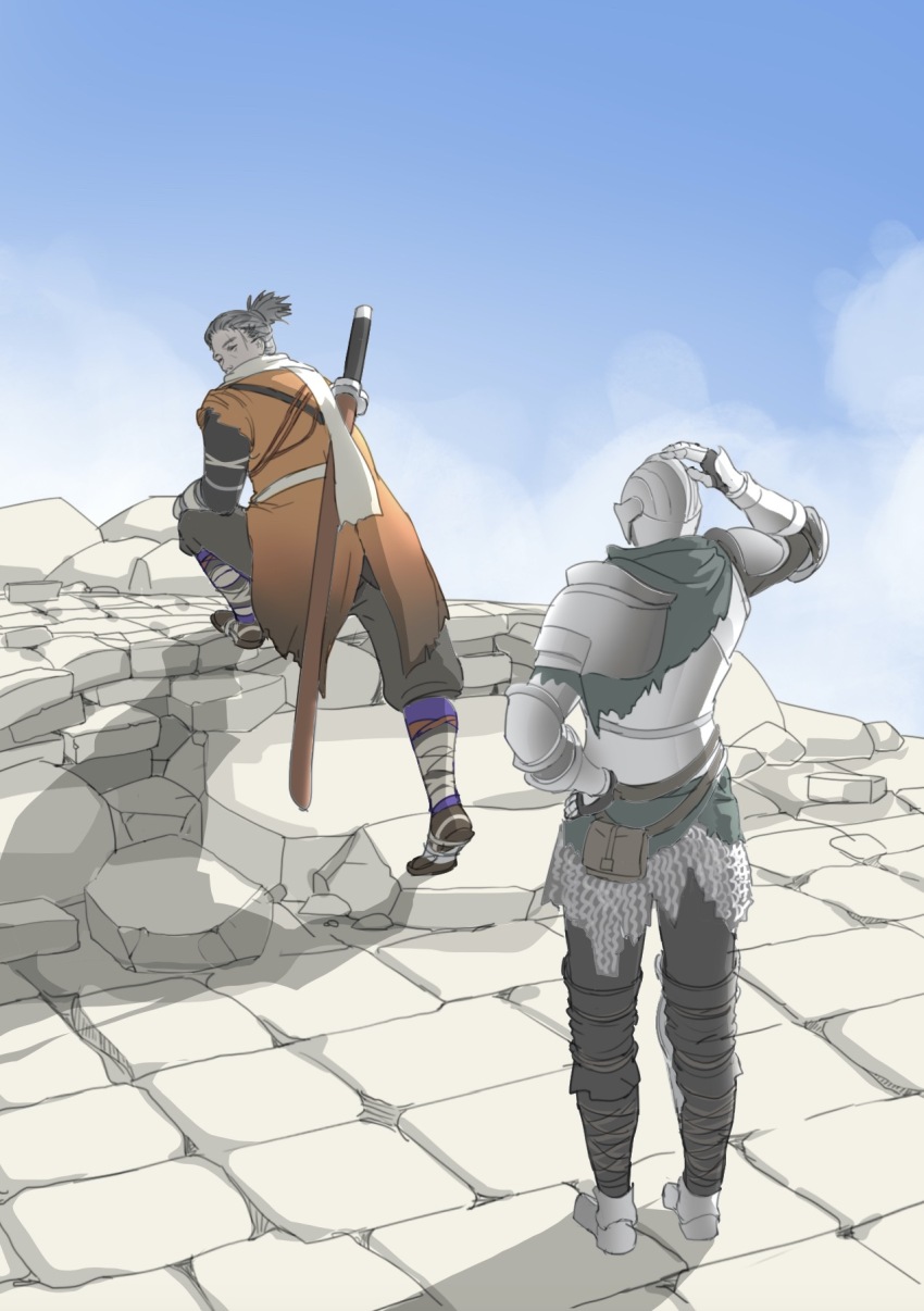 2boys armor ashen_one_(dark_souls) coat dark_souls_(series) fromsoftware grey_scarf hakama hakama_pants highres japanese_clothes katana kwiaty_k mechanical_arms multiple_boys ninja orange_coat pants pleated_pants prosthesis prosthetic_arm scarf sekiro sekiro:_shadows_die_twice sword weapon