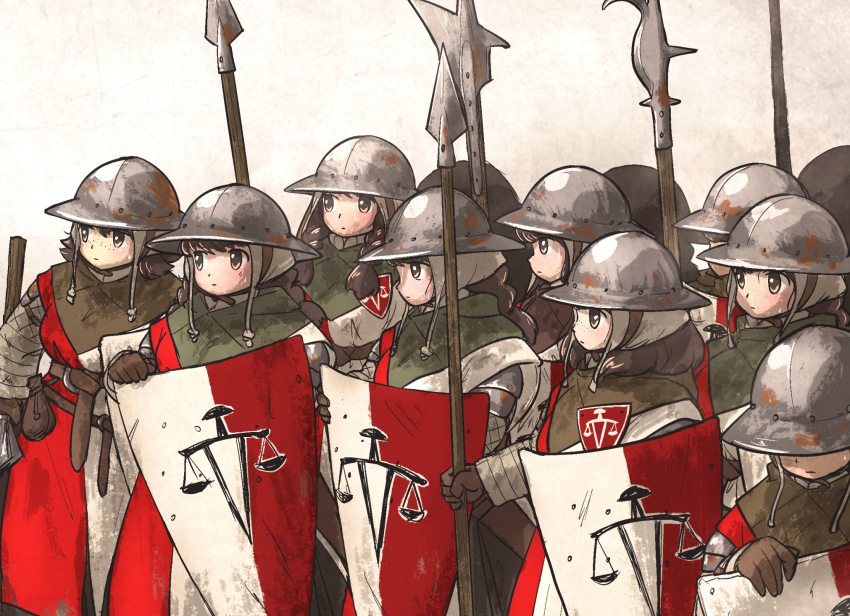 6+girls balance_scale_print breasts brown_eyes brown_hair commentary english_commentary freckles from_side glaive_(polearm) gradient_background grey_background helmet highres holding holding_mace holding_polearm holding_shield holding_weapon ironlily kettle_helm large_breasts long_hair mace medium_hair multiple_girls ordo_mediare_sisters_(ironlily) outdoors planted polearm pouch shield shiny_clothes spear surcoat sword_print weapon