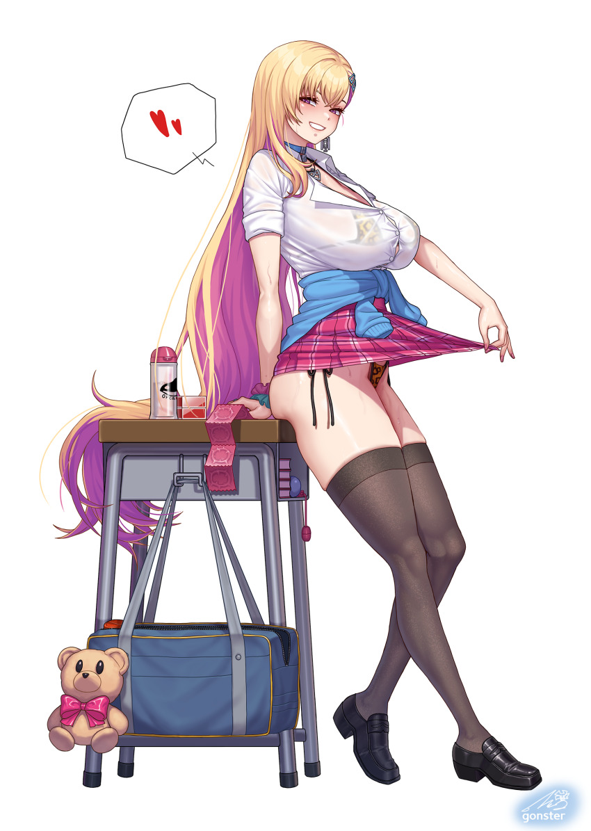1girl artist_name bag black_thighhighs blonde_hair blue_choker blush boryeon_(last_origin) bra breasts bursting_breasts censored choker clothes_lift collarbone colored_inner_hair commentary_request condom condom_wrapper covered_erect_nipples earrings flower flower_necklace gonster gyaru hair_ornament high-waist_skirt highres huge_breasts jewelry large_breasts last_origin leg_up long_hair looking_at_viewer mosaic_censoring multicolored_hair necklace official_alternate_costume open_mouth panther_print panties pink_eyes pink_hair pink_skirt print_bra print_panties purple_scrunchie school_bag scrunchie shiny_skin shirt shoulder_bag side-tie_panties signature simple_background single_earring sitting sitting_on_table skirt skirt_lift smile solo stuffed_animal stuffed_toy table teddy_bear thighhighs tongue tongue_out triangle_hair_ornament underwear very_long_hair white_background white_shirt