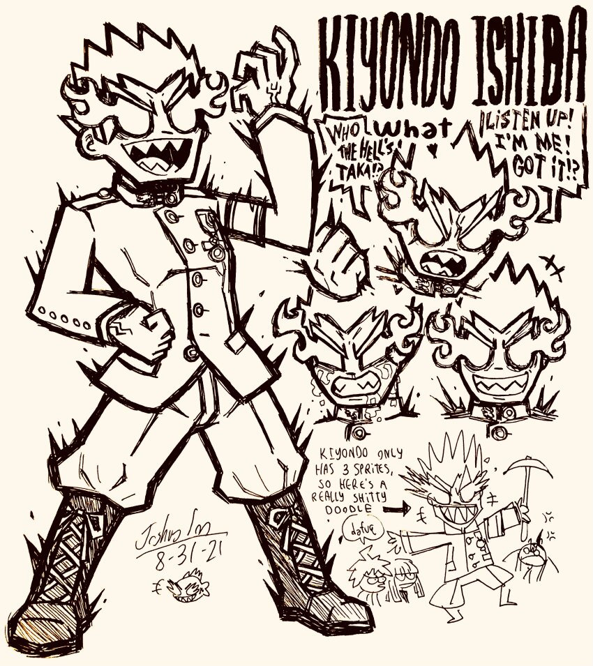 1girl 3boys absurdres ahoge anger_vein boots character_name clenched_hand closed_mouth crying danganronpa:_trigger_happy_havoc danganronpa_(series) dated doodle_inset english_text flaming_eyes full_body greyscale hatching_(texture) highres holding holding_pickaxe ishimaru_kiyotaka josh-s26 kirigiri_kyoko long_hair long_sleeves monochrome multiple_boys multiple_views naegi_makoto open_mouth pants pickaxe sharp_teeth shirt short_hair signature simple_background speech_bubble spiked_hair standing teeth v-shaped_eyebrows veins white_background yamada_hifumi