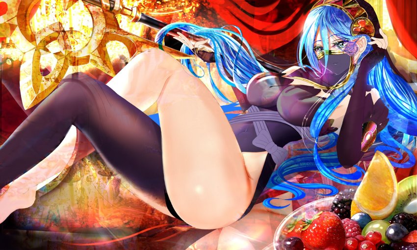 1girl anklet aqua_eyes azura_(fire_emblem) azura_(lady_of_ballads)_(fire_emblem) barefoot blue_hair breasts dress elbow_gloves female_focus fingerless_gloves fire_emblem fire_emblem_fates fire_emblem_heroes gloves hair_between_eyes hairband highres jewelry large_breasts long_hair looking_at_viewer lying nintendo on_back simple_background solo tongari veil very_long_hair