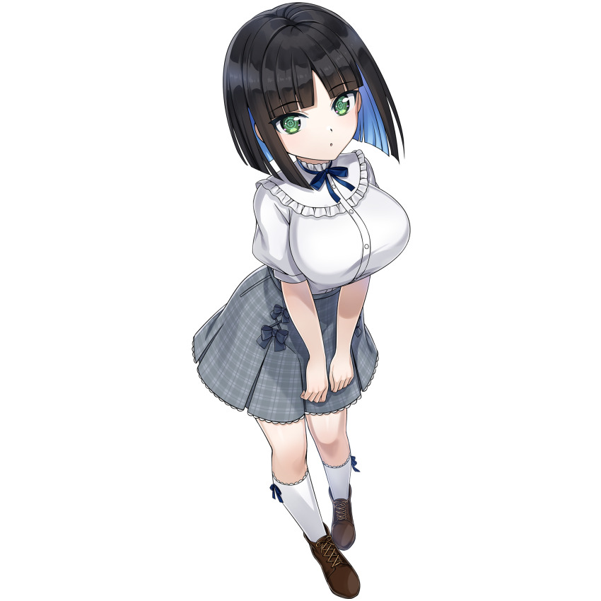 1girl :o ankle_socks black_hair blue_hair bob_cut breasts brown_shoes casual cleavage colored_inner_hair crosshair_pupils dolphin_wave eines_(dolphin_wave) game_cg green_eyes grey_skirt hands_on_own_thighs highres large_breasts looking_at_viewer multicolored_hair neck_ribbon non-web_source official_art ootomo_takuji pale_skin plaid_clothes plaid_skirt puffy_short_sleeves puffy_sleeves ribbon shirt shoes short_hair short_sleeves skirt socks solo standing transparent_background white_shirt