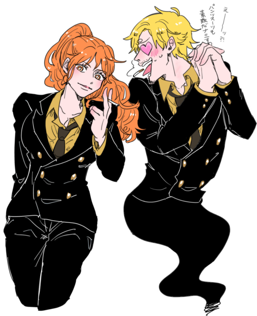 1boy 1girl :d black_pants black_suit blonde_hair cigarette cosplay formal_clothes heart heart-shaped_eyes highres holding holding_cigarette long_hair long_sleeves looking_at_another mike_(tomatomato244) nami_(one_piece) necktie one_piece open_mouth orange_hair own_hands_clasped own_hands_together pants ponytail sanji_(one_piece) sanji_(one_piece)_(cosplay) shirt smile suit white_background yellow_shirt