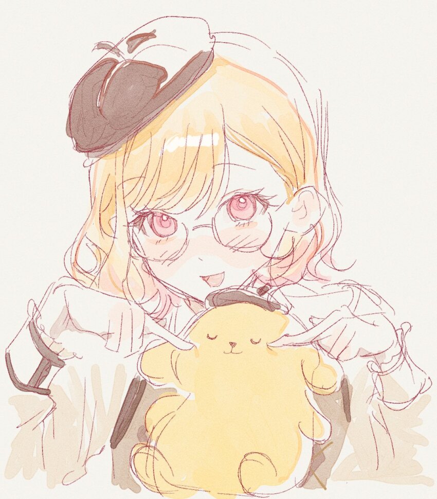 1girl :d animal beret blonde_hair blush brown_hat cropped_torso eyelashes faux_traditional_media glasses gradient_hair hands_up happy_enjoy_music!_(project_sekai) hat highres long_sleeves looking_at_viewer medium_hair multicolored_hair official_alternate_costume open_mouth parted_bangs pink_hair pompompurin project_sekai re_memberry round_eyewear sanrio shirt smile tenma_saki white_background white_shirt