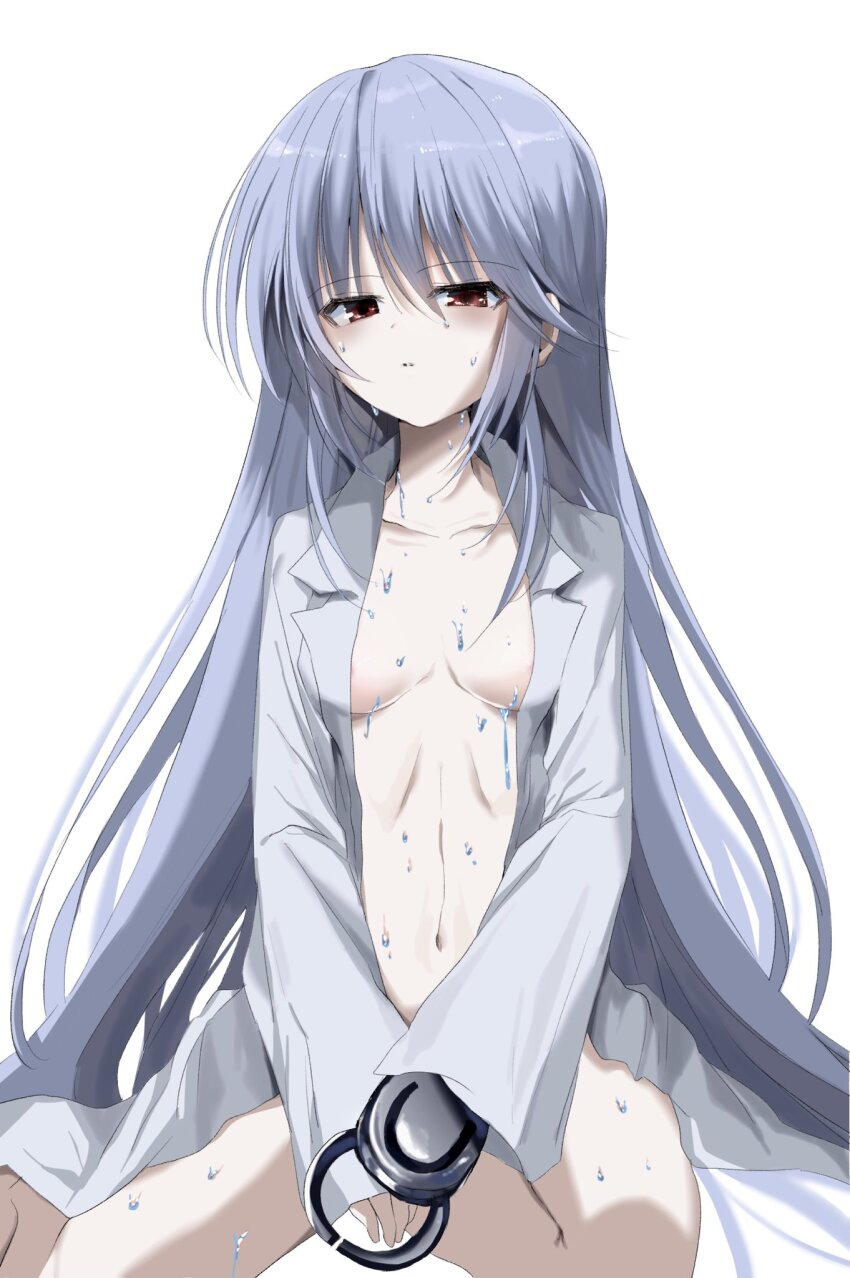1girl areola_slip blue_hair blush breasts breasts_apart collarbone collared_shirt dress_shirt eyes_visible_through_hair grisaia_(series) grisaia_no_rakuen hair_between_eyes half-closed_eyes highres kasukasugom1 kazami_kazuki light_blue_hair long_hair long_sleeves looking_at_viewer mechanical_arms medium_breasts naked_shirt open_clothes open_shirt parted_lips red_eyes shirt sidelocks simple_background sitting sleeves_past_wrists solo spoilers straight_hair v_arms very_long_hair water_drop wet white_background white_shirt yokozuwari