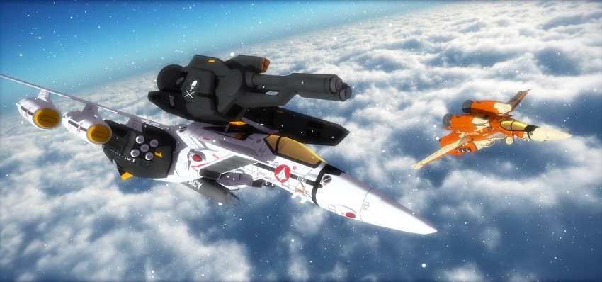 1980s_(style) 3d aircraft airplane bad_id bad_pixiv_id cannon cloud energy_gun flying gunpod highres jet jolly_roger macross macross:_do_you_remember_love? mecha mikotosiara0 missile no_humans oldschool radiation_symbol realistic retro_artstyle robot science_fiction spacecraft star_(sky) u.n._spacy vehicle_focus vf-1 vf-1_strike vt-1_super weapon