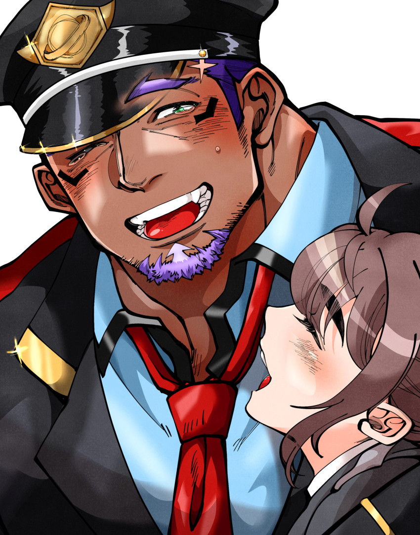 1boy 1girl bara blush dark-skinned_male dark_skin eyebrows_visible_through_hat facial_hair female_protagonist_(live_a_hero) goatee hat highres kizami_nori_to_yamaimo live_a_hero long_sideburns mature_male muscular muscular_male necktie one_eye_closed pectorals police police_hat police_uniform policeman purple_hair red_necktie shaft_(live_a_hero) short_hair sideburns tearing_up thick_eyebrows upper_body