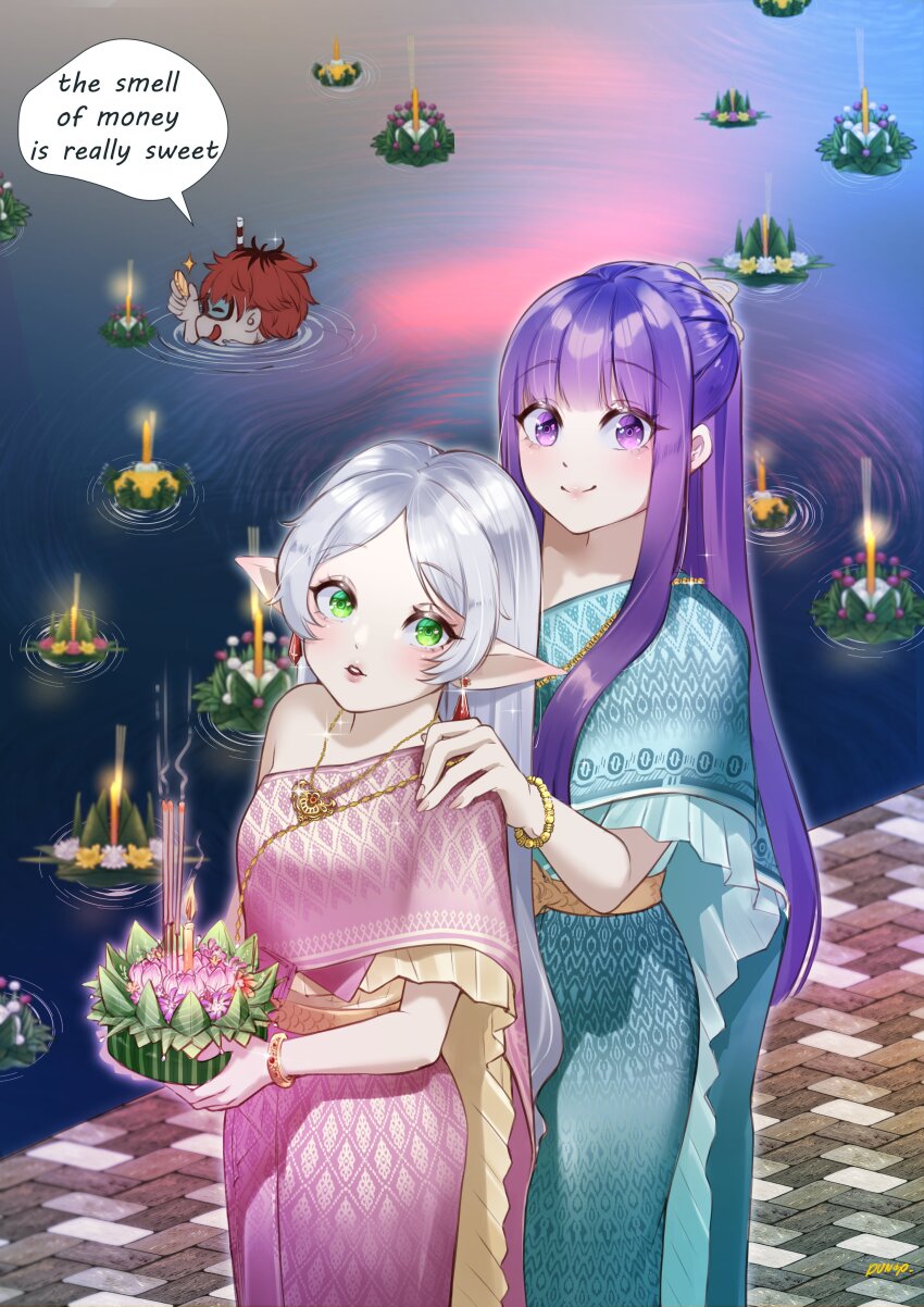 1boy 2girls absurdres blue_dress blush candle closed_mouth coin dress dungodango earrings elf english_text fern_(sousou_no_frieren) frieren green_eyes grey_hair highres jewelry kratong long_hair looking_at_viewer loy_kratong multicolored_hair multiple_girls open_mouth pink_dress pointy_ears purple_eyes purple_hair red_hair river smile sousou_no_frieren speech_bubble stark_(sousou_no_frieren) swimming thai_clothes water