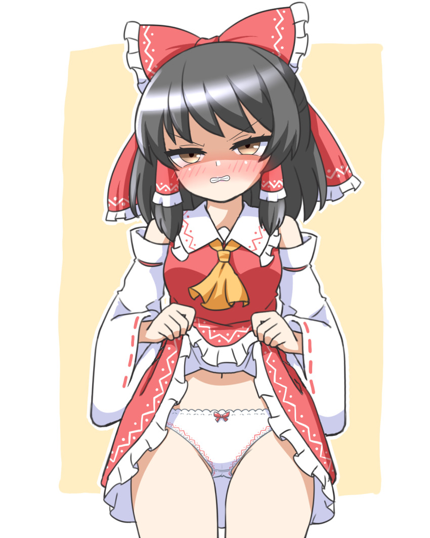1girl angry annoyed ascot bare_shoulders black_hair blush border bow bow_panties breasts brown_eyes clenched_teeth clothes_lift collared_shirt cowboy_shot detached_sleeves dress dress_lift embarrassed feet_out_of_frame frilled_bow frilled_dress frilled_hair_tubes frilled_skirt frills furrowed_brow hair_bow hair_ornament hair_tubes hakurei_reimu highres huge_bow lifting_own_clothes looking_at_viewer medium_breasts medium_hair navel nose_blush panties peanut_mouth red_bow red_dress red_shirt red_skirt shirt skirt skirt_lift sleeveless sleeveless_shirt solo standing teeth thigh_gap underwear v-shaped_eyebrows white_border white_panties white_sleeves wide_sleeves yellow_ascot yellow_background yellow_eyes zenji029