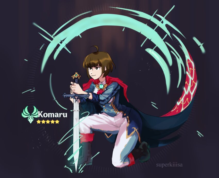 1girl absurdres ahoge alternate_costume anemo_symbol_(genshin_impact) artist_name black_boots blue_shirt boots cape character_name closed_mouth commentary danganronpa_(series) danganronpa_another_episode:_ultra_despair_girls english_commentary full_body genshin_impact glowing glowing_sword glowing_weapon highres holding holding_sword holding_weapon lily_(superkiiisa) naegi_komaru on_one_knee pants shirt short_hair smile solo star_(symbol) sword weapon white_pants