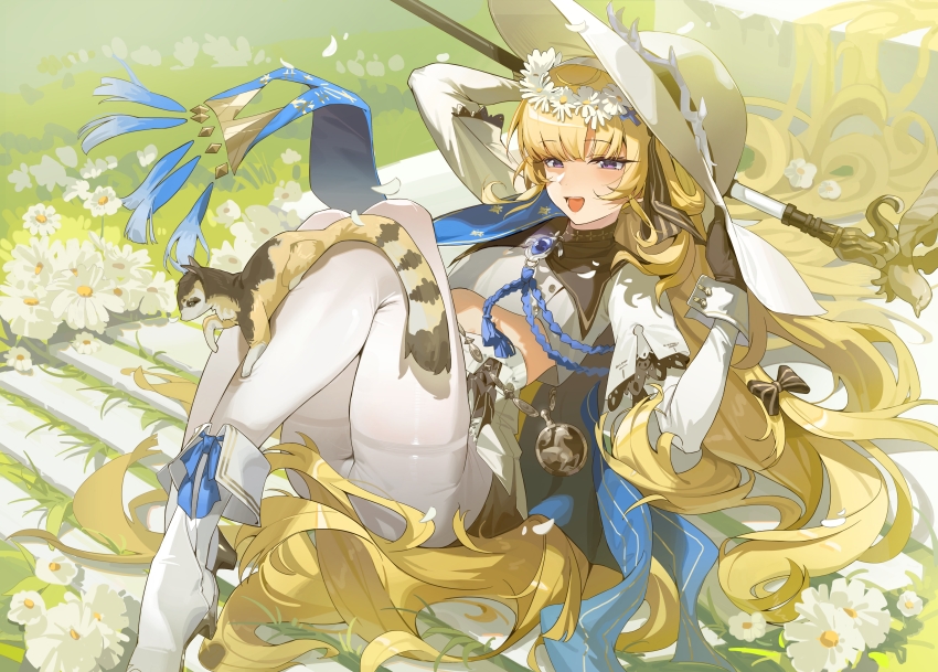 1girl :d absurdres animal black_bow black_collar black_gloves blonde_hair blue_gemstone blue_sash boots bow clothes_lift collar commentary gem gloves hair_bow hair_ornament hat head_wreath highres holding holding_staff knees_up long_hair long_sleeves looking_at_animal lying on_back on_grass open_mouth outdoors pantyhose phoebe_(wuthering_waves) purple_eyes sash shirt shirt_lift shuishi_tidu skirt smile solo staff striped_bow symbol-only_commentary thighband_pantyhose very_long_hair white_boots white_hat white_pantyhose white_shirt white_skirt wuthering_waves x_hair_ornament