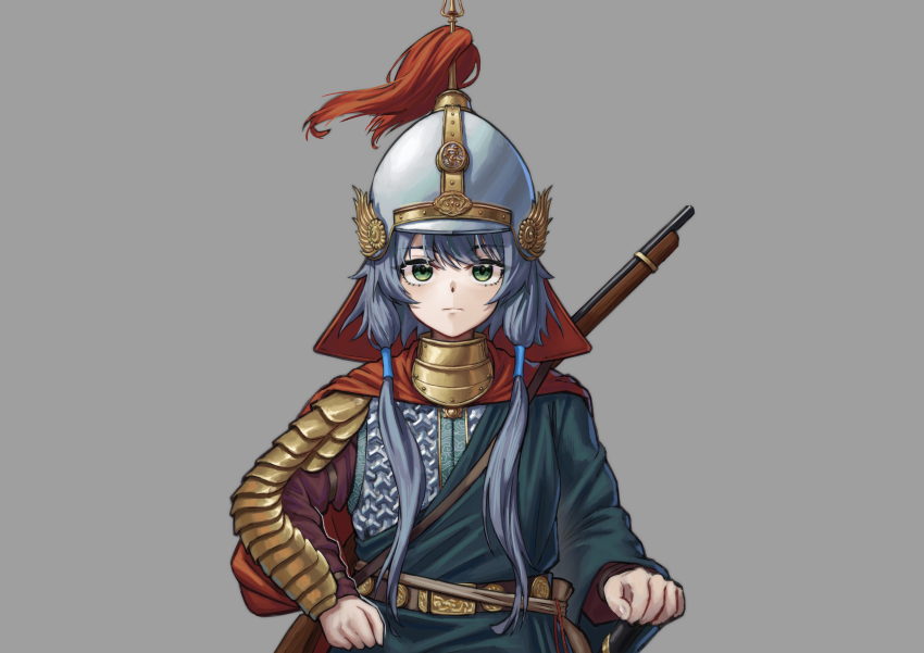 absurdres armor belt chinese_empire copyright_request green_eyes grey_hair gun helmet highres huihuang_rongyao long_hair ming_dynasty twintails weapon