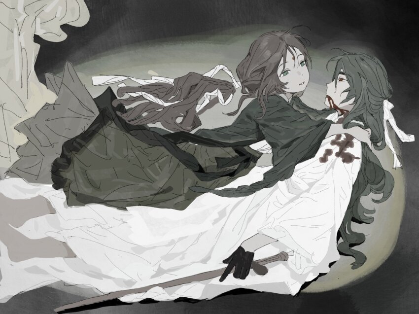 2girls black_gloves blood blood_from_mouth blood_on_clothes blood_on_face brown_hair chinese_clothes dying facial_mark floating forehead_mark gloves green_hair green_hanfu green_theme hanfu highres huadian long_hair ma_fu multiple_girls muted_color original ponytail ruqun sword weapon weichang white_hanfu yuri