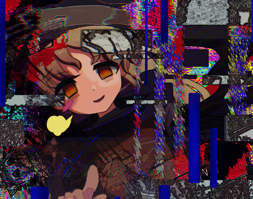@_@ amadare_rak blonde_hair blush blush_stickers brown_eyes constellation empty_eyes fumo_(doll) glitch hat highres long_hair matara_okina open_mouth pointing pointing_at_viewer sigh single_blush_sticker smile sun_symbol tabard touhou