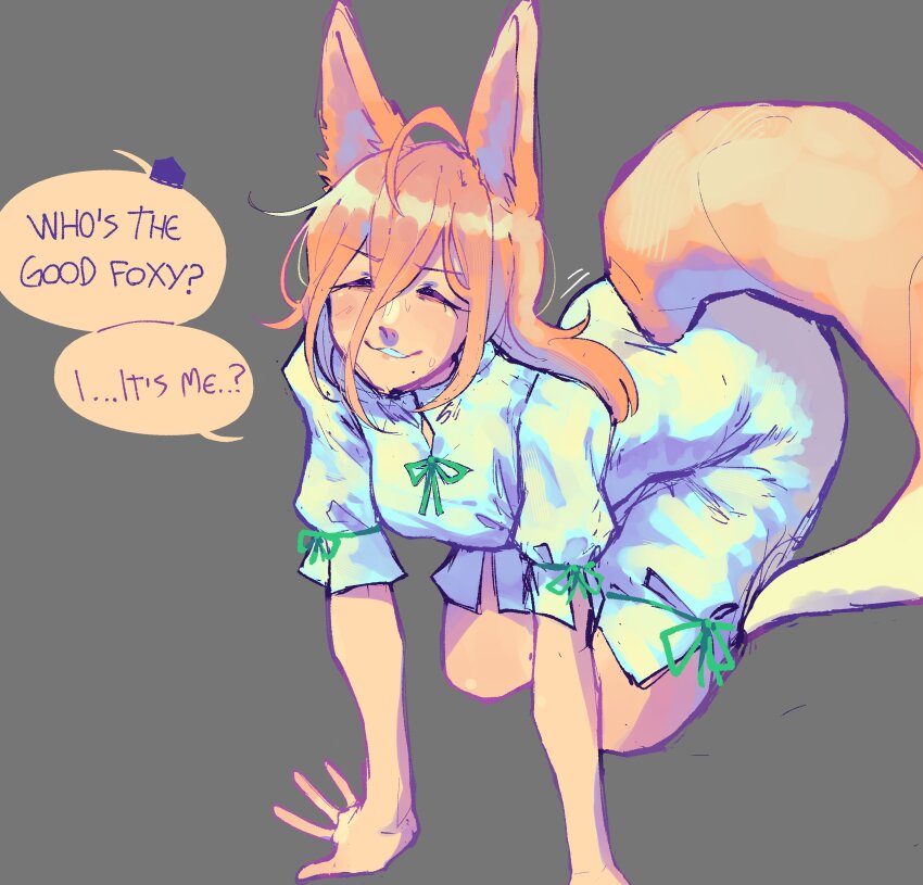 1girl absurdres all_fours animal_ears blonde_hair closed_eyes fox_ears fox_girl fox_tail green_ribbon hair_between_eyes highres iizunamaru_megumu jess_(p2eocene) kneeling kudamaki_tsukasa leaning_forward long_bangs multiple_girls neck_ribbon out_of_frame ribbon romper short_sleeves smile speech_bubble tail touhou white_romper
