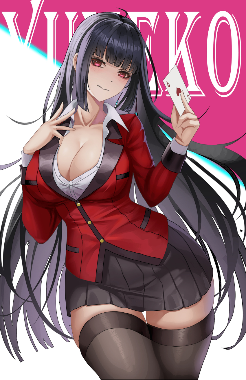 1girl absurdres ahoge black_hair black_pantyhose black_skirt blazer blunt_bangs breasts card character_name cleavage closed_mouth commentary cowboy_shot highres hime_cut holding holding_card hyakkaou_academy_school_uniform jabami_yumeko jacket kakegurui large_breasts light_blush long_hair pantyhose red_eyes red_jacket school_uniform shirt sixiang_li skirt solo white_shirt