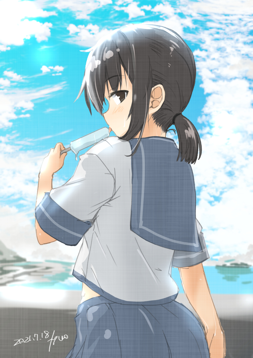 1girl absurdres arm_at_side black_eyes black_hair blue_sailor_collar blue_skirt blue_sky cloud cloudy_sky dated day food from_behind fubuki_(kancolle) fyuo hand_up highres holding holding_food holding_popsicle kantai_collection licking light_blush looking_at_viewer looking_to_the_side medium_hair midriff_peek outdoors pleated_skirt ponytail popsicle sailor_collar school_uniform serafuku shirt short_ponytail short_sleeves sidelocks signature skirt sky solo tongue tongue_out upper_body white_shirt