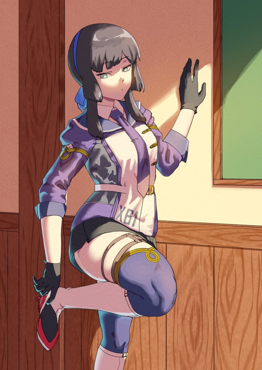 1girl adjusting_footwear black_gloves black_hair black_skirt blue_hairband blue_shirt blue_thighhighs blunt_sidelocks commentary_request detached_collar feet_out_of_frame gloves green_eyes hairband highres kantai_collection long_hair long_sleeves military_uniform mogador_(kancolle) mrdotd shirt sidelocks skirt solo standing standing_on_one_leg thighhighs