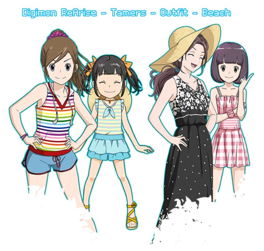 4girls brown_hair closed_eyes digimon digimon_rearise hat highres kohinata_mayu looking_at_viewer multiple_girls shinjo_michi smile tamada_nozomi tsukimori_chihiro
