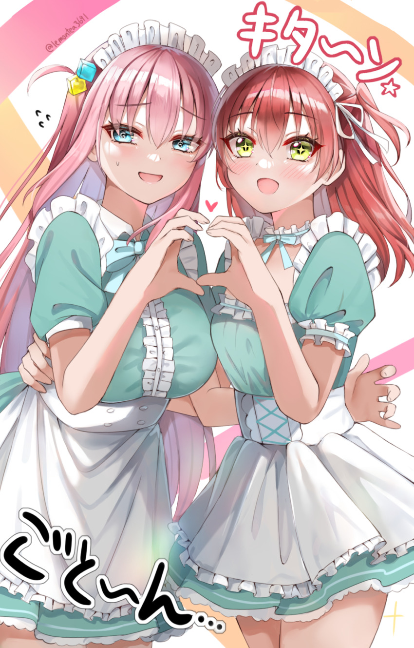 2girls @_@ apron blue_choker blue_dress blue_eyes blue_necktie blush bocchi_the_rock! breasts center_frills choker commentary dress familymart frilled_choker frills gotoh_hitori green_eyes hand_on_another&#039;s_waist heart heart_hands heart_hands_duo highres hover_hand kita_ikuyo lemon_t long_hair multiple_girls necktie one_eye_closed open_mouth pink_hair red_hair sidelocks small_breasts star-shaped_pupils star_(symbol) sweatdrop symbol-shaped_pupils twitter_username white_apron