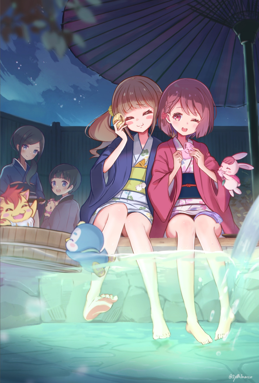 1boy 3girls 4others absurdres anpan bird black_hair black_sash blue_coat blue_eyes blue_kimono blush braid braided_bangs brown_hair bucket cat closed_eyes closed_mouth cloud coat dog eating fairy floral_print food green_sash hanadera_nodoka healin&#039;_good_precure highres hiramitsu_hinata japanese_clothes kimono latte_(precure) leaf_print long_hair low_ponytail medium_hair multiple_girls multiple_others night night_sky nyatoran_(precure) obi one_eye_closed onsen open_mouth pegitan_(precure) penguin pink_eyes pink_hair ponytail precure rabbit rabirin_(precure) red_coat sash sawaizumi_chiyu sawaizumi_touji scrunchie shorin_(sy0r1nacco) short_hair sky smile twintails twitter_username umbrella white_kimono yellow_scrunchie