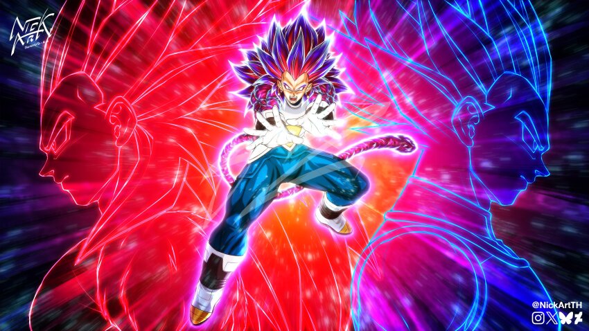 1boy armor aura blue_bodysuit blue_hair body_fur bodysuit boots dragon_ball dragon_ball_gt dragon_ball_heroes dragon_ball_super earrings full_body fusion galick_gun gloves glowing highres jewelry multicolored_hair nickartth potara_earrings red_fur red_hair solo_focus streaked_hair super_saiyan super_saiyan_4 two-tone_hair vegeta white_armor white_boots white_gloves
