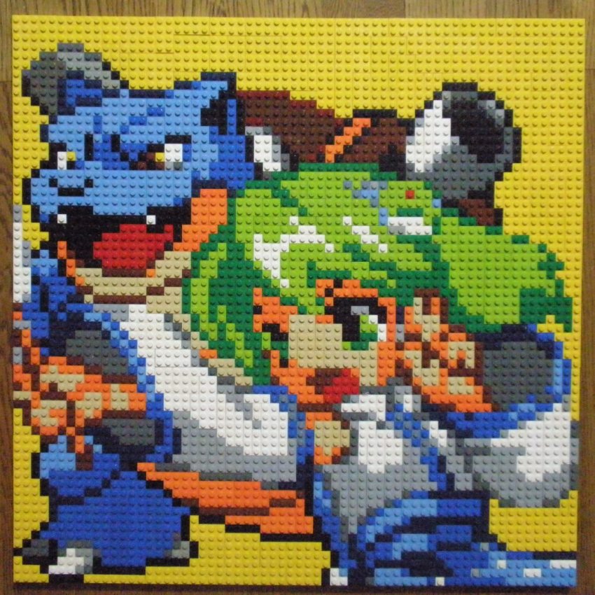 1girl blastoise blue_skirt detached_sleeves frog_hair_ornament game_freak gen_1_pokemon green_eyes green_hair hair_ornament highres japanese_clothes kochiya_sanae lego lego_(medium) medium_hair miko nintendo open_mouth photo_(medium) pixel_art pokemon pokemon_(creature) shirt skirt touhou unconventional_media upper_body v-shaped_eyebrows white_shirt wide_sleeves yellow_eyes you_rei_(blowback)