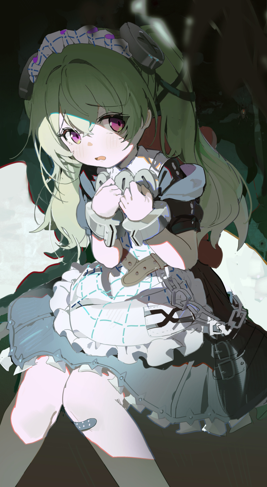 1girl absurdres apron bandaid bandaid_on_knee bandaid_on_leg black_dress blush chromatic_aberration coria corin_wickes dress green_hair hair_between_eyes highres long_hair looking_at_viewer maid maid_apron maid_headdress open_mouth puffy_short_sleeves puffy_sleeves purple_eyes screw_hair_ornament short_sleeves sitting solo twintails white_apron wrist_cuffs zenless_zone_zero
