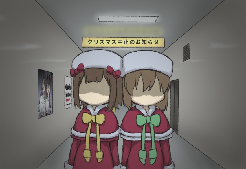 2girls absurdres amami_haruka artist_self-reference brown_hair capelet christmas_is_cancelled commentary_request dress faceless facing_viewer hagiwara_yukiho hallway hat highres holy_night_dress_(idolmaster) idolmaster idolmaster_(classic) indoors multiple_girls puton red_capelet red_dress santa_costume short_hair standing the_exit_8 the_shining white_hat