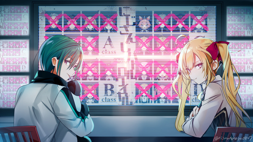 2others 6+boys 6+girls achikita_chinami ahoge alternate_costume blazer blonde_hair blood blood_splatter commentary_request debidebi_debiru english_text green_hair grin hair_ribbon highres holding holding_stuffed_toy honma_himawari indoors izumo_kasumi_(nijisanji) jacket kanae_(nijisanji) kanda_shouichi kenmochi_touya kuroi_shiba kuzuha_(nijisanji) long_hair long_sleeves looking_back maimoto_keisuke makaino_ririmu mixed-language_text monitor morinaka_kazaki multiple_boys multiple_girls multiple_others nakao_azuma nijisanji ninahachi on_chair portrait_(object) red_eyes red_ribbon ribbon ryuushen sakura_ritsuki scanlines school_uniform shibuya_hajime shiina_yuika short_hair sister_claire sitting smile spoilers stuffed_animal stuffed_panda stuffed_toy table takamiya_rion takamiya_rion_(1st_costume) tongue tongue_out track_jacket translation_request twintails twitter_username ushimi_ichigo uzuki_kou virtual_youtuber white_jacket x yashiro_kizuku yuuhi_riri