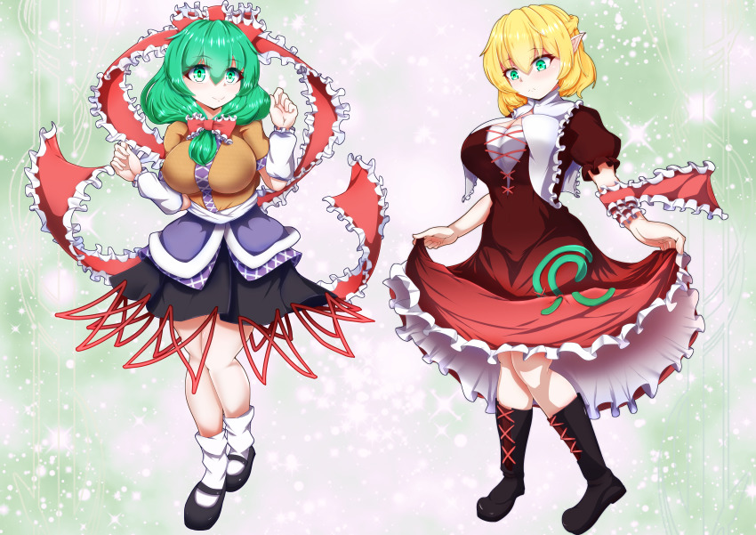 2girls absurdres arm_warmers belt black_footwear black_skirt blonde_hair blush boots bow braid breasts brown_dress brown_shirt closed_mouth collared_dress commentary_request cosplay costume_switch dollyspica dress eyes_visible_through_hair frills full_body gradient_background green_background green_eyes green_hair hair_between_eyes hair_bow hands_up highres kagiyama_hina kagiyama_hina_(cosplay) large_breasts leaf leg_up looking_at_viewer looking_down medium_hair mizuhashi_parsee mizuhashi_parsee_(cosplay) multiple_girls pointy_ears puffy_short_sleeves puffy_sleeves red_bow red_dress shirt shoes short_hair short_sleeves skirt smile socks sparkle sparkle_background split_mouth standing standing_on_one_leg t-shirt touhou white_background white_belt white_legwear