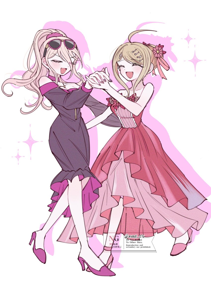 2girls ahoge akamatsu_kaede bare_shoulders blonde_hair blush closed_mouth collarbone commentary_request dancing danganronpa_(series) danganronpa_v3:_killing_harmony dress eyelashes eyewear_on_head fortissimo full_body hair_between_eyes hair_ornament happy high_heels high_ponytail highres holding_hands iruma_miu long_hair mmr_0x multiple_girls musical_note musical_note_hair_ornament official_alternate_costume official_alternate_hairstyle open_mouth ponytail purple_nails silhouette simple_background sleeveless sleeveless_dress smile sparkle sunglasses watermark white_background yuri