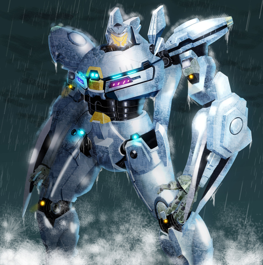 4.211_brass_knuckles assault_mount_3.25_sting-blades brass_knuckles clenched_hands glowing highres jaeger_(pacific_rim) legendary_pictures mecha mechanical_arms moyashi_(karamisouma) night no_humans ocean pacific_rim pan_pacific_defense_corps rain robot science_fiction sky smoke solo striker_eureka super_robot weapon wrist_blades