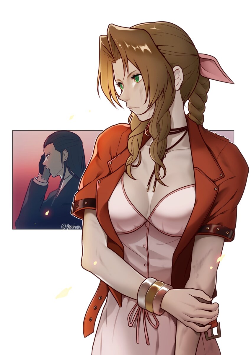 1boy 1girl absurdres aerith_gainsborough bangle black_gloves black_hair black_suit bracelet braid braided_ponytail breasts brown_hair choker cleavage closed_mouth collared_shirt cropped_jacket dirty dirty_clothes dirty_face dress earrings embers final_fantasy final_fantasy_vii final_fantasy_vii_remake flower_choker formal_clothes gloves green_eyes hair_ribbon highres holding holding_phone igusaharu jacket jewelry long_hair medium_breasts open_mouth parted_bangs phone pink_dress pink_ribbon red_jacket ribbon shirt short_sleeves sideburns sidelocks single_braid suit suit_jacket talking_on_phone tseng twitter_username upper_body white_background white_shirt