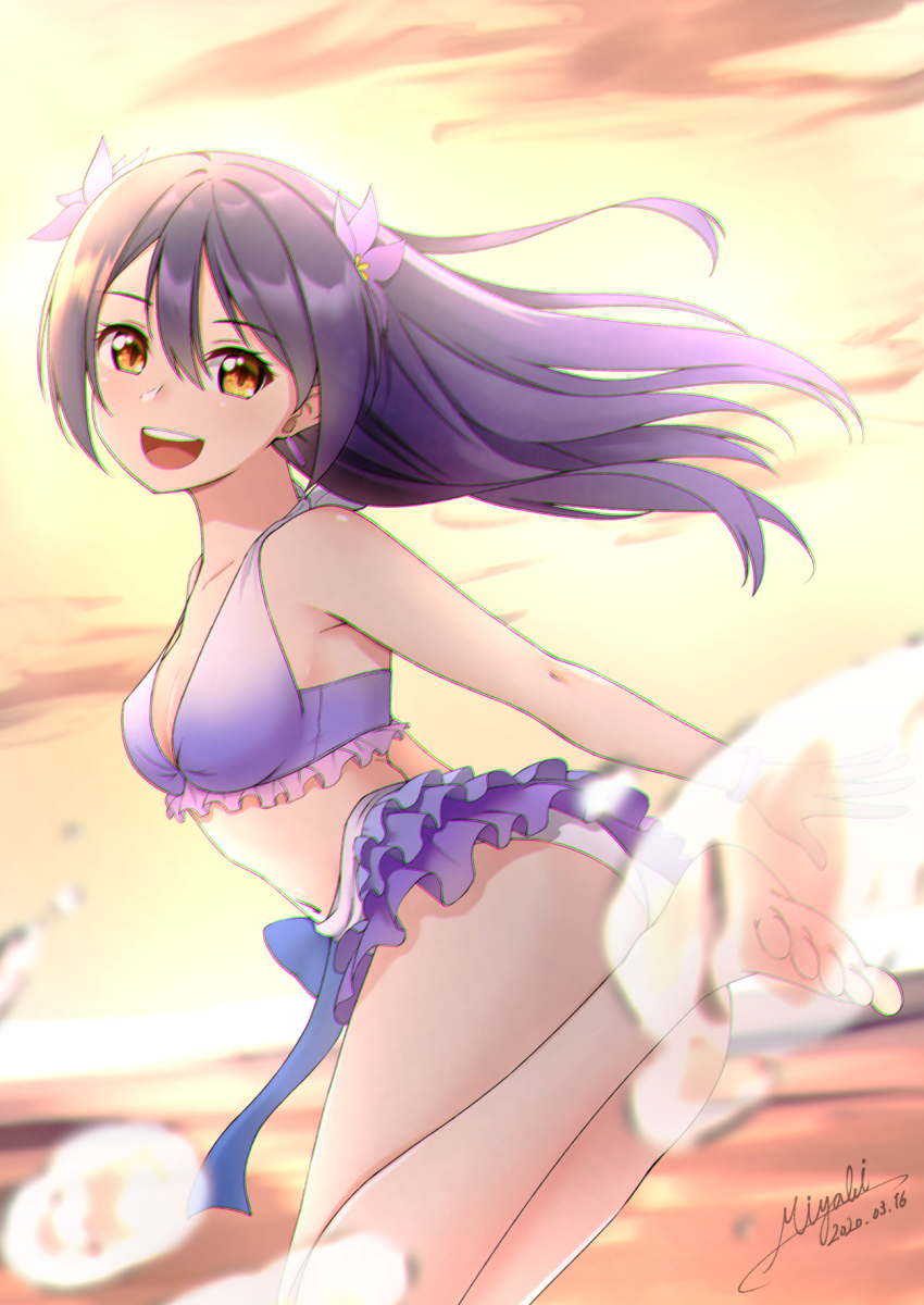 1girl artist_name artist_request ass bang_(gesture) bare_legs bare_shoulders bikini bikini_skirt blue_hair blush bracelet breasts cleavage cloud collarbone feet female_focus finger_gun flower frilled_bikini frills hair_between_eyes hair_flower hair_ornament hairband haruna_miyabi highres jewelry jump long_hair looking_at_viewer love_live! love_live!_school_idol_project medium_breasts natsuiro_egao_de_1_2_jump! navel necklace one_eye_closed outdoors parted_lips pink_scrunchie scrunchie sky smile solo sonoda_umi sunset swimsuit wrist_scrunchie yellow_eyes