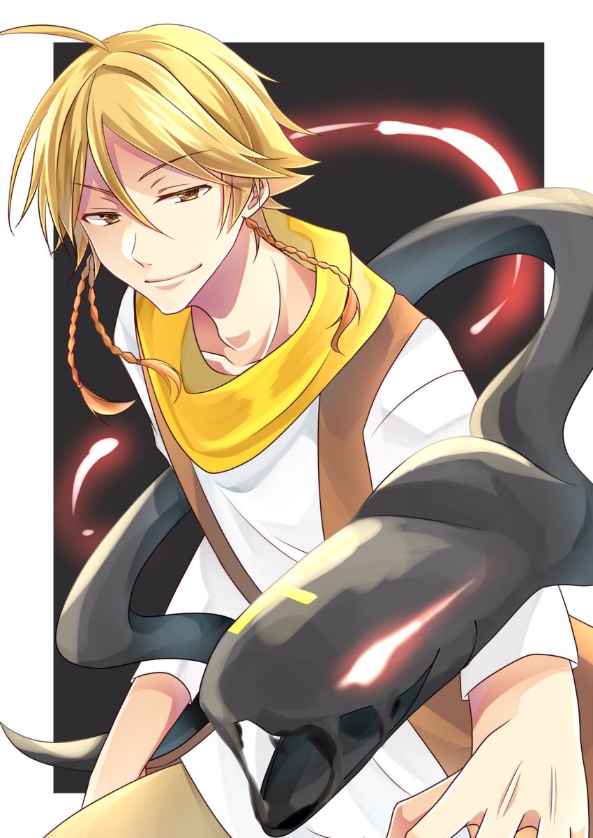 1boy ahoge alicein_mikuni aya10_002 black_background blonde_hair border braid brown_pants doubt_doubt doubt_doubt_(snake_form) highres male_focus orange_eyes pants scarf servamp short_hair side_braid snake white_border yellow_scarf